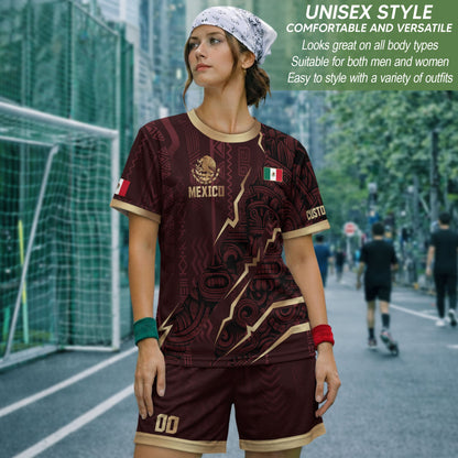 Custom Mexican Heritage Jersey Maroon Aztec Design Mexico Eagle Soccer Shirt Men Women