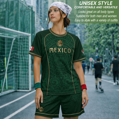Green Mexico Soccer Jersey Aztec Sun Calendar Mexican Football Shirt for Fans