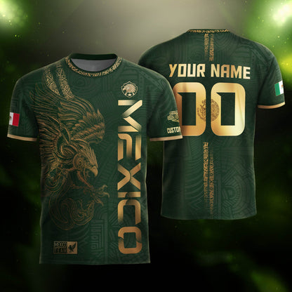 Custom Mexico Green Gold Soccer Jersey with Aztec Eagle Serpent Design