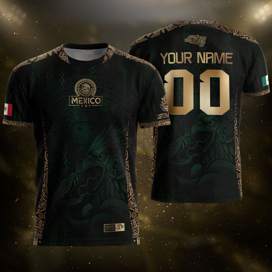 Custom Mexico Green Gold Soccer Jersey with Aztec Eagle Warrior Design