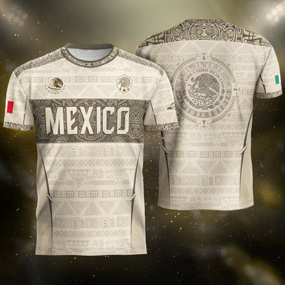Mexico Coat of Arms Beige Aztec Mayan Tribal Geometric Pattern Heritage Soccer Jersey
