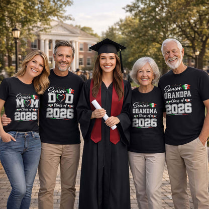 Senior Family 2026 Mexico Flag Shirt - Proud Mexican Graduate Silver Glitter Tee