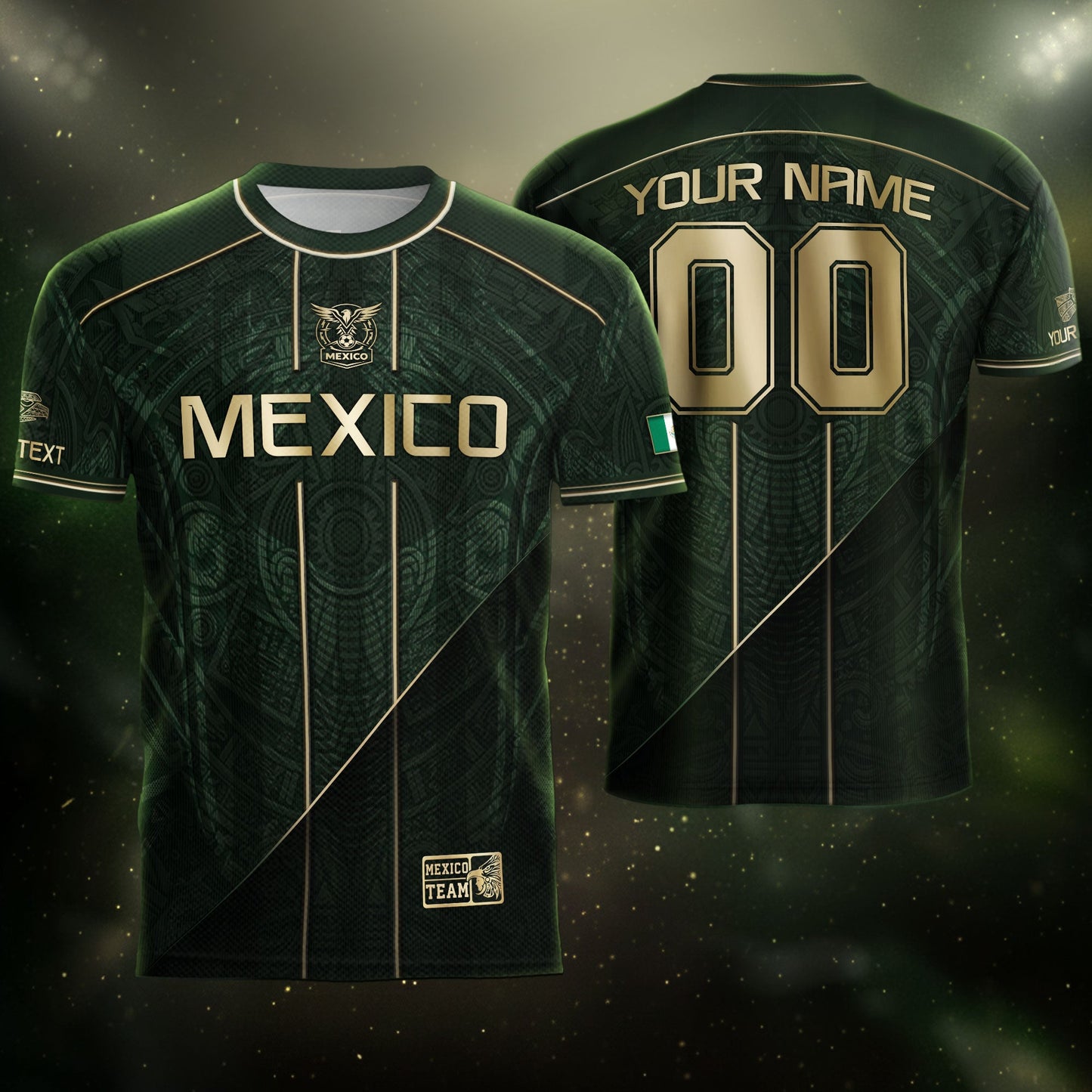 Mexico Soccer Jersey Personalized Name Number Green Aztec Sun Stone Design Kit