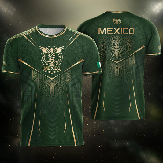 Mexico Soccer Jersey Men Aztec Warrior Green Gold Football Shirt Fan Edition Tee