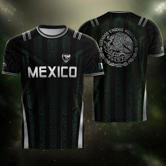 Mexico Soccer Jersey Black Eagle Crest Football Fan Men Shirt Aztec Design Tee