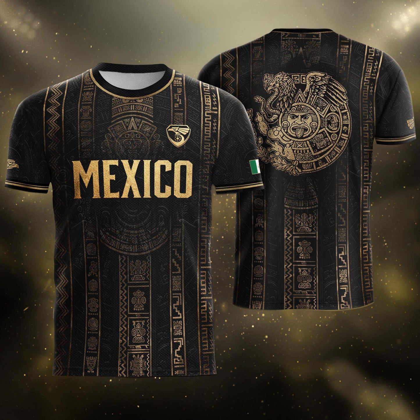 Mexico Soccer Jersey Black Eagle Crest Football Fan Men Shirt Aztec Design Tee