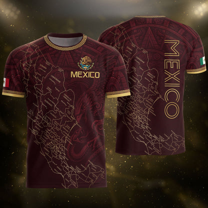 Men's Burgundy Mexico Map Eagle & Snake Graphic T-Shirt – Mexico Country Outline Print Tee