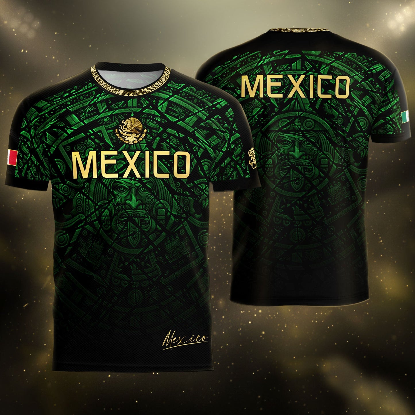 Mexico Soccer Jersey Green Black Aztec Sun Stone - Mexico Fan Heritage Style Shirt