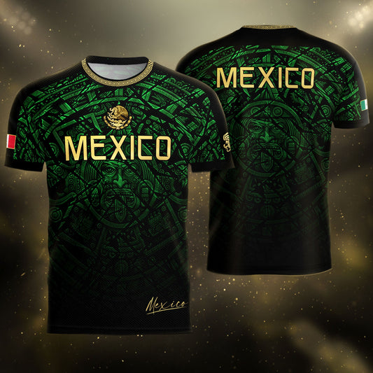 Mexico Soccer Jersey Green Black Aztec Sun Stone - Mexico Fan Heritage Style Shirt