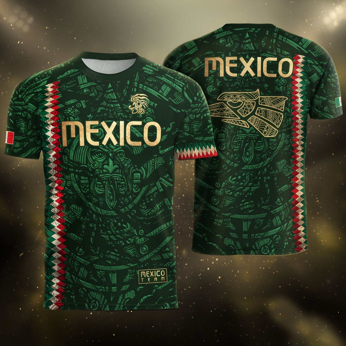 Mexico Soccer Jersey Green Gold Aztec Sun Stone - Mexico National Team Fan Heritage Shirt