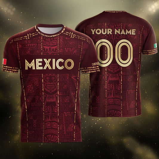 Mexico Soccer Jersey - Aztec Mayan Heritage Pattern - Personalized Maroon Football Shirt
