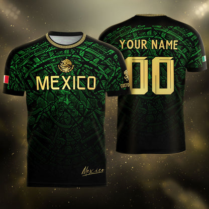 Custom Mexico Soccer Jersey – Green Aztec Calendar Pattern Black Football Shirt