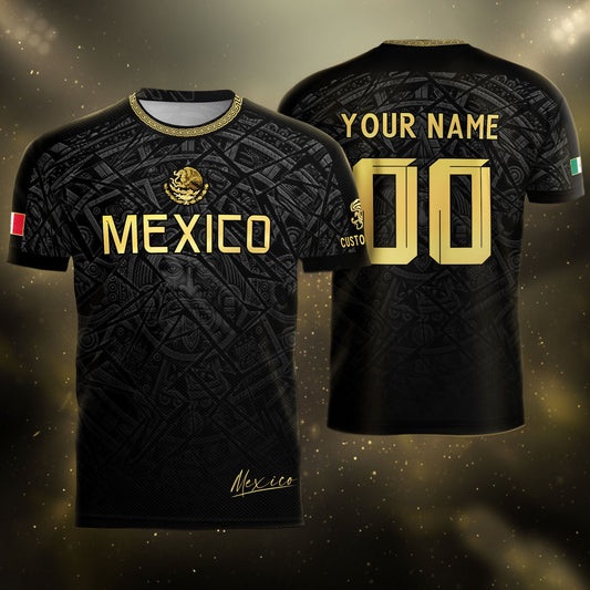 Custom Mexico Soccer Jersey – Black Aztec Heritage Pattern Personalized Football Shirt