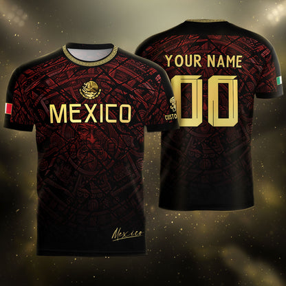 Custom Mexico Soccer Jersey – Maroon Black Aztec Heritage Pattern Personalized Football Shirt
