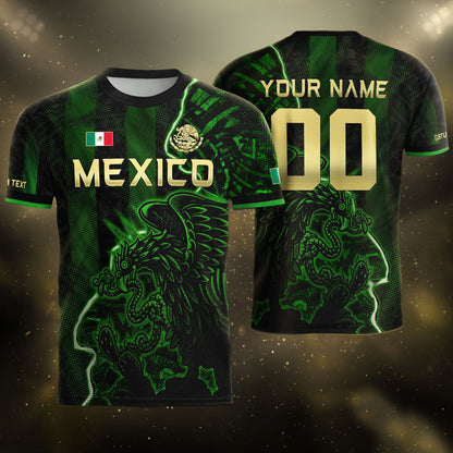 Custom Mexico Soccer Jersey – Black Green Aztec Serpent Lightning Football Shirt
