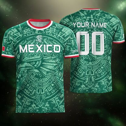 Mexico Soccer Jersey Custom Name - Green Aztec Calendar & Eagle Heritage Football Shirt