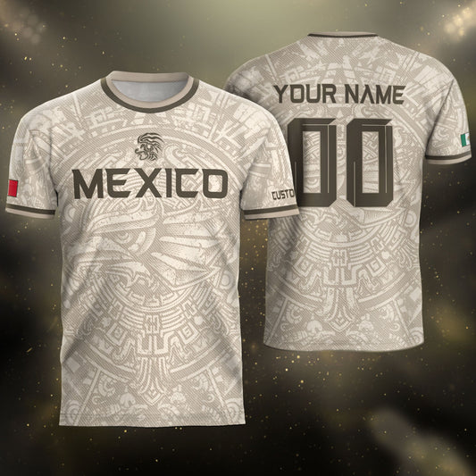 Custom Mexico Soccer Jersey Beige Aztec Calendar & Quetzalcoatl Heritage Fan Shirt