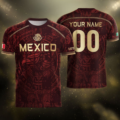 Personalized Mexico Soccer Jersey - Maroon Gold Aztec Calendar Heritage Football Shirt