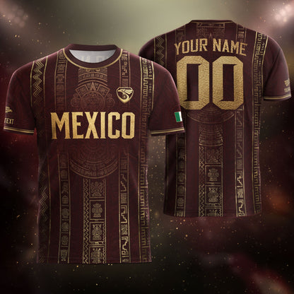 Mexico Soccer Jersey Custom Name Number Aztec Calendar Maroon Shirt