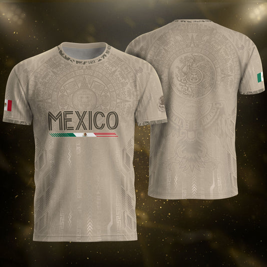 Mexico Soccer Jersey Beige Aztec Calendar Mexican Football Fan Shirt Tee
