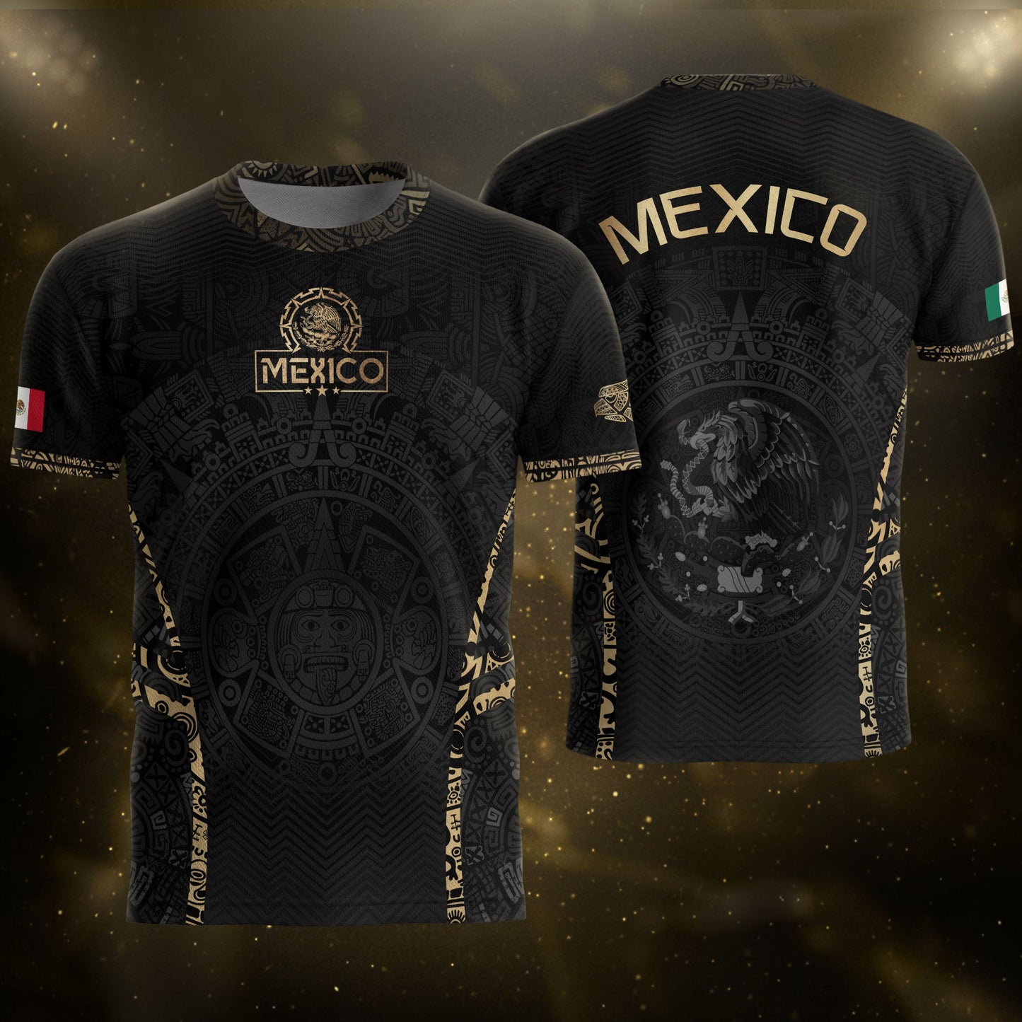 Mexico Soccer Jersey Aztec Sun Calendar Black Gold Football Shirt for Fans