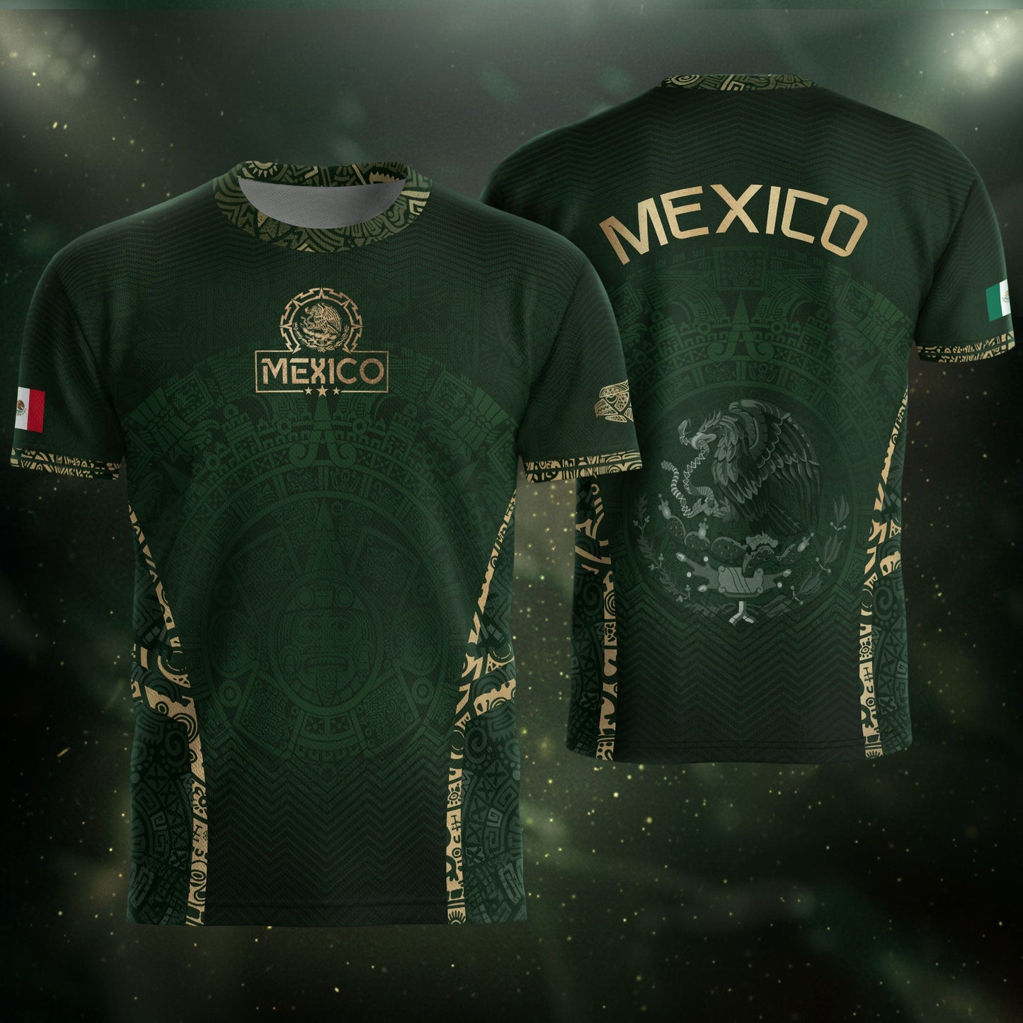 Mexico Soccer Jersey Aztec Sun Calendar Green Gold Football Shirt Men Women