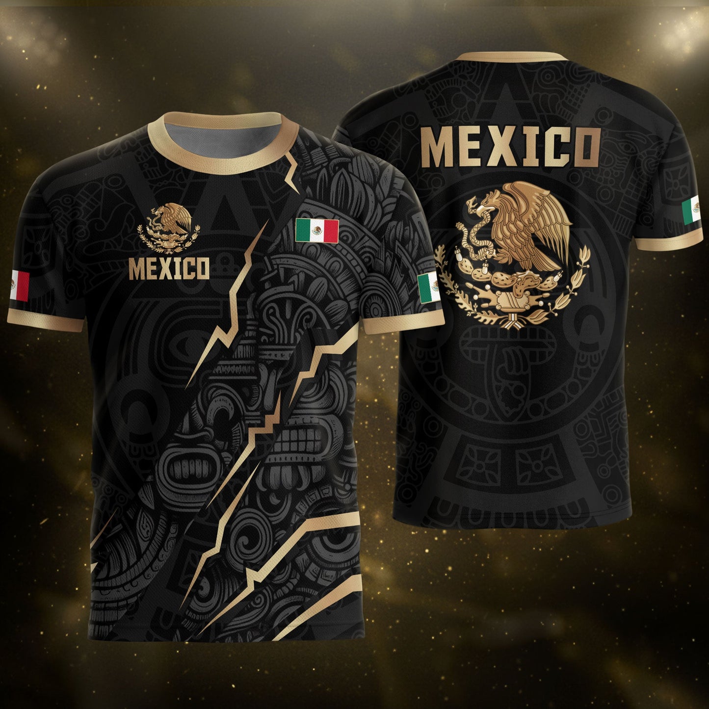 Black Mexico Soccer Jersey Aztec Calendar Design Gold Eagle Heritage Football Shirt