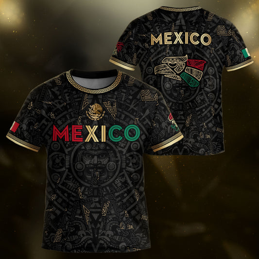 Mexico Kids Soccer Jersey Black Aztec Calendar Tricolor Gold Youth Football Shirt