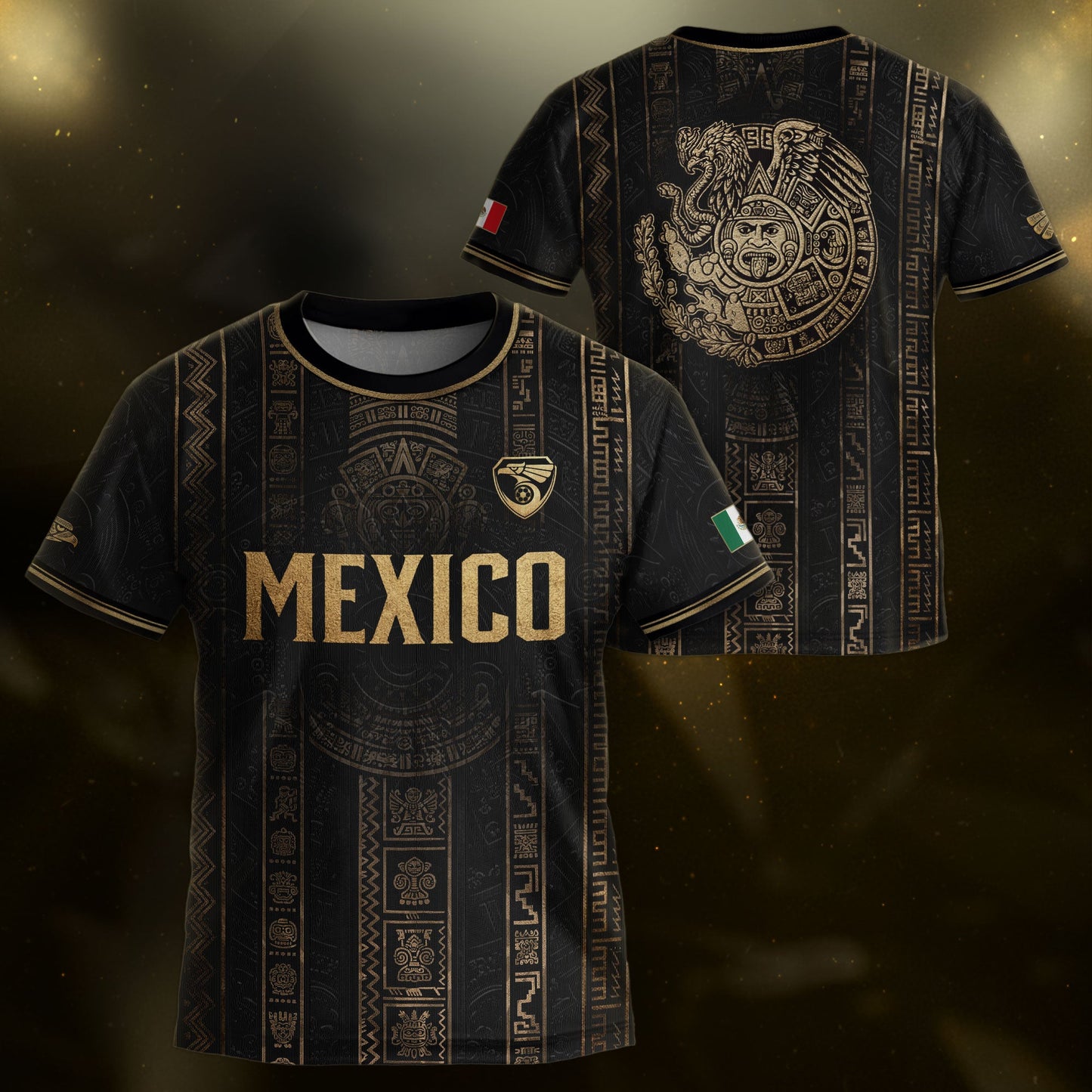 Mexico Soccer Jersey Youth Black Aztec Calendar Sun Stone Heritage Football Shirt Set