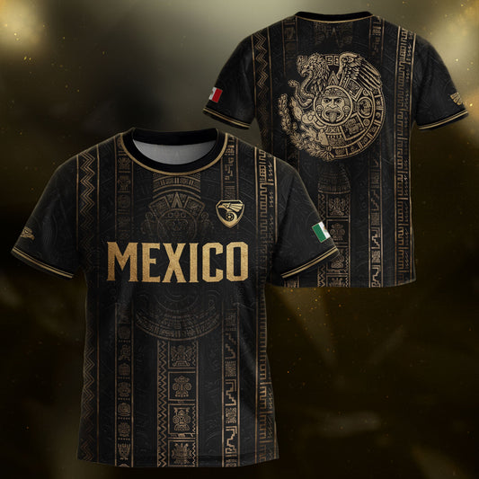 Mexico Soccer Jersey Youth Black Aztec Calendar Sun Stone Heritage Football Shirt Set