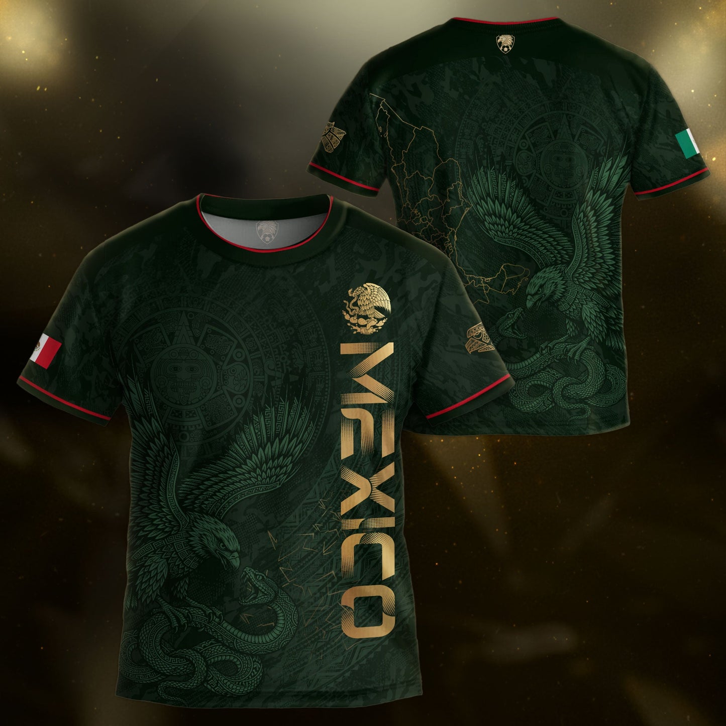 Mexico Kids Soccer Jersey Youth Green Gold Aztec Eagle Heritage Football Graphic Shirt