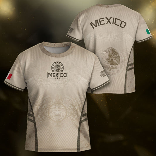 Mexico Kids Soccer Jersey Youth Beige Cream Aztec Calendar Eagle Heritage Football Shirt