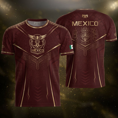Mexico Soccer Jersey Men Maroon Aztec Pattern Football Shirt Classic Fan Wear