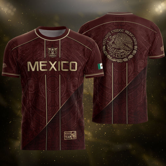 Mexico Soccer Jersey Men Maroon Gold Heritage Football Shirt Aztec Style Top