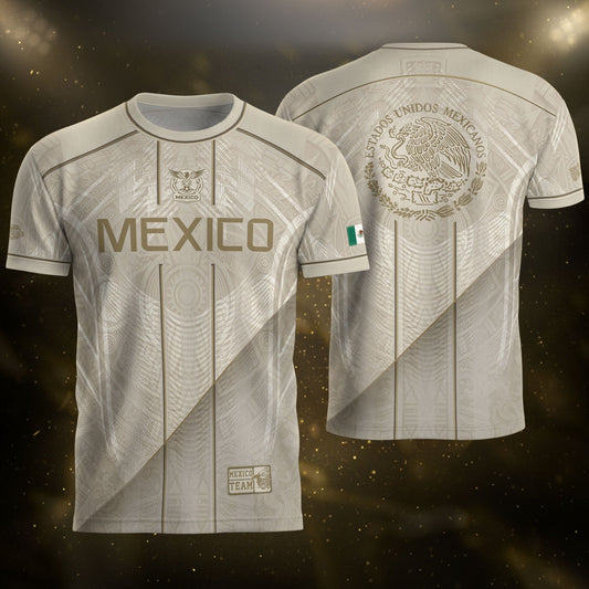 Mexico Soccer Jersey Men Beige Gold Aztec Calendar Mexican Football Shirt