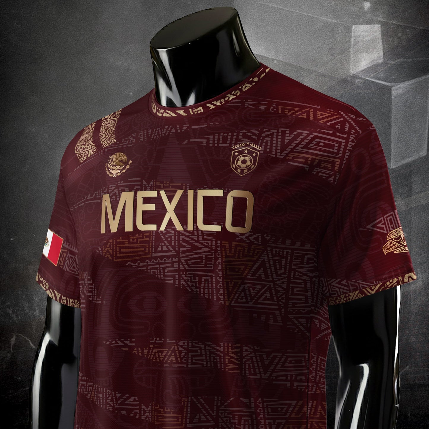 Mexico Soccer Jersey Burgundy Gold Aztec Heritage Eagle Crest (Bundle)
