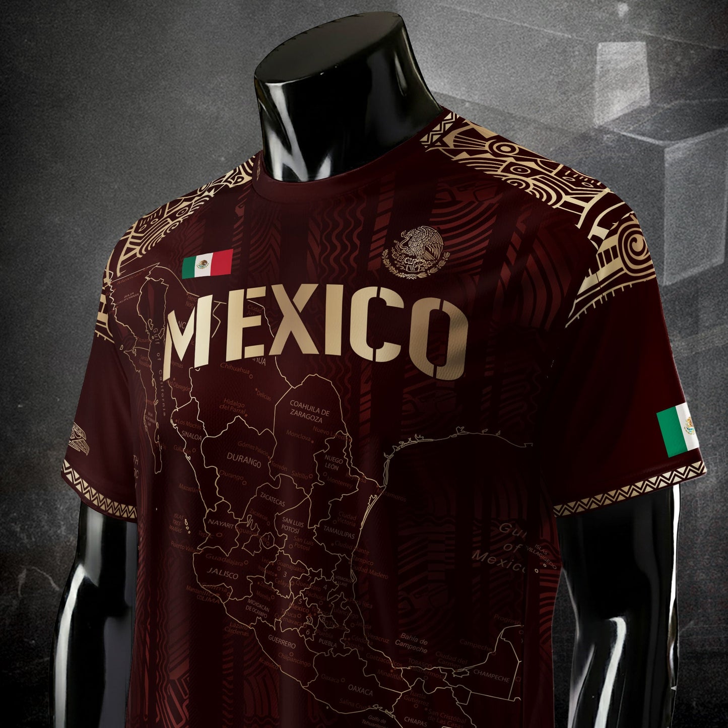 Mexico Soccer Jersey Burgundy Map Aztec Pattern Heritage Golden Details Design