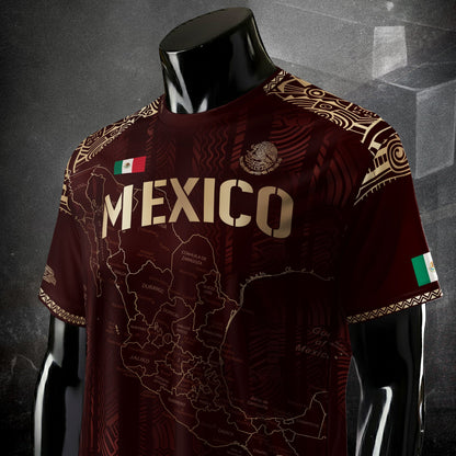 Mexico Soccer Jersey Burgundy Map Aztec Pattern Heritage Golden Details Design