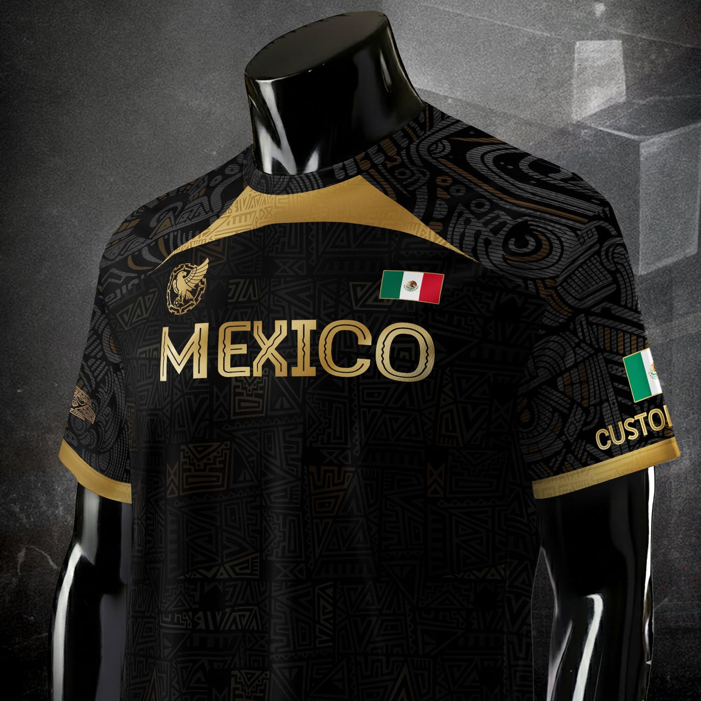 Custom Mexico Black Gold Soccer Jersey with Aztec Warrior Pattern