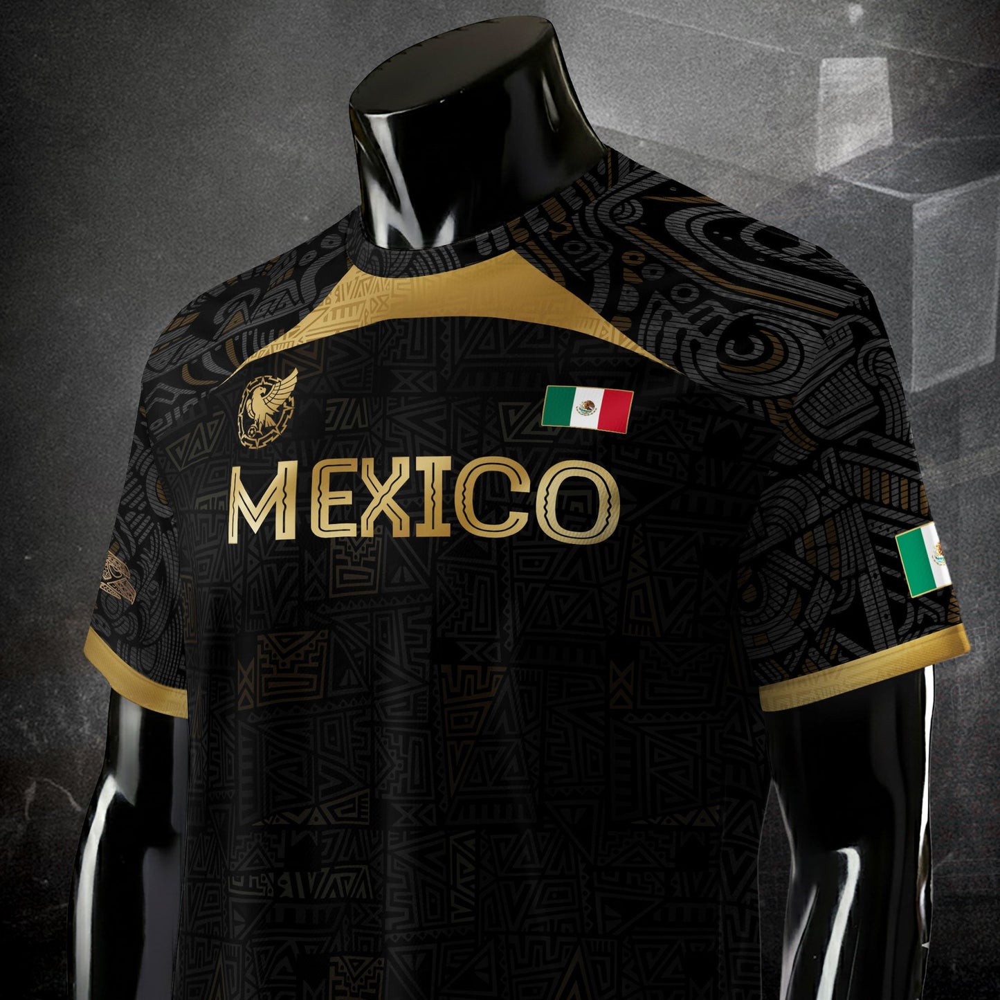 Mexico Black Gold Aztec Pattern Heritage Soccer Jersey