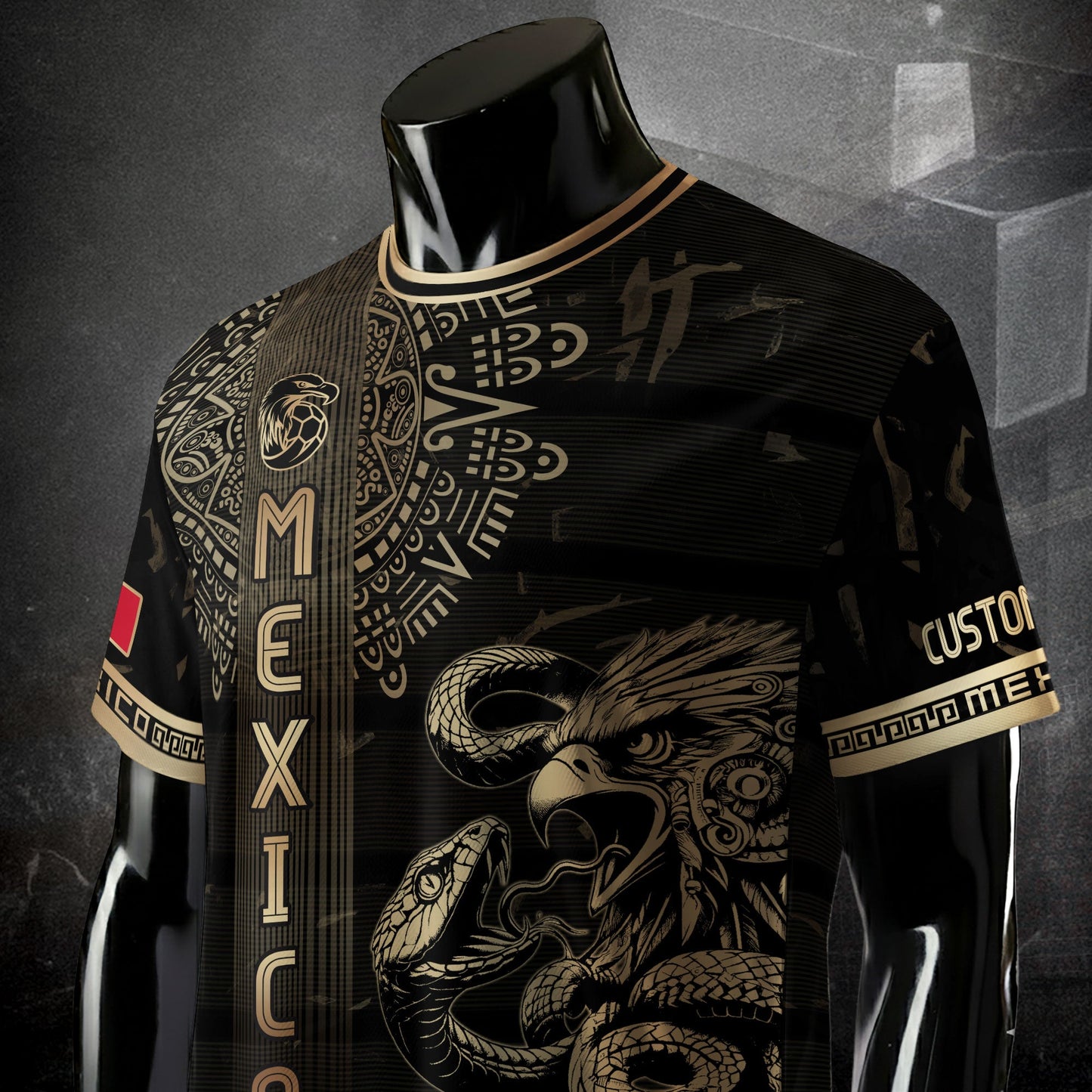 Custom Mexico Jersey Black Gold Eagle Serpent Aztec Warrior Design