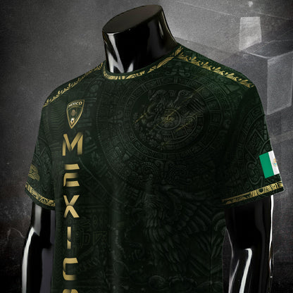 Mexico Dark Green Gold Aztec Calendar Sun God Heritage National Soccer Jersey