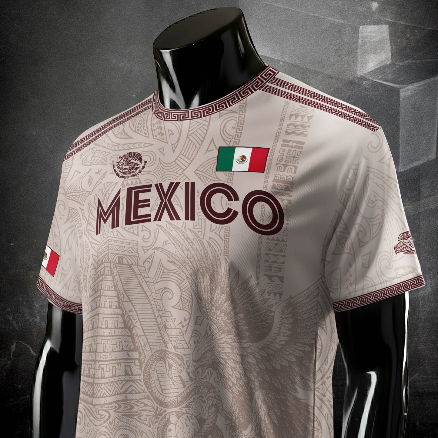 Mexico White Soccer Jersey Aztec Sun Stone Eagle Design