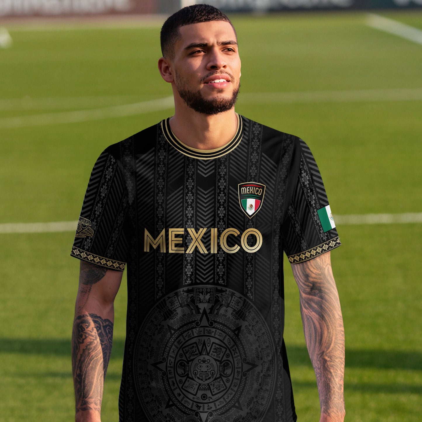Mexico Soccer Jersey Black Gold Aztec Calendar Design
