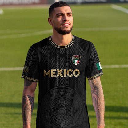 Mexico Soccer Jersey Black Gold Aztec Calendar Design