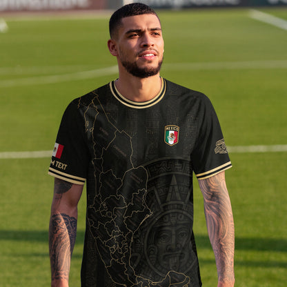 Custom Mexico Black Gold Map Aztec Sun Design Soccer Jersey