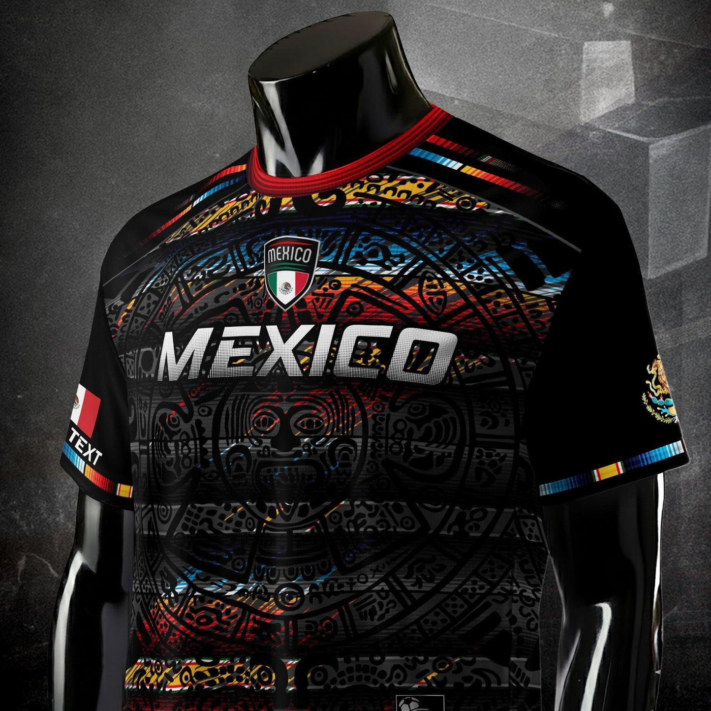 Custom Mexico Soccer Jersey Black Modern Aztec Calendar Design