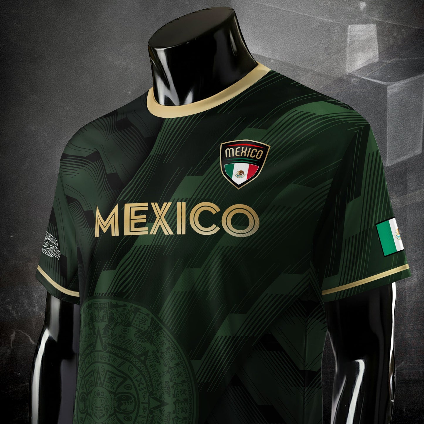 Mexico Green Soccer Jersey with Golden Aztec Sunstone Design