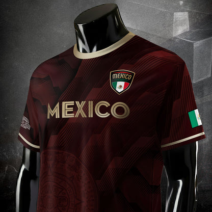 Mexico Burgundy Soccer Jersey with Golden Aztec Sunstone and Eagle Crest