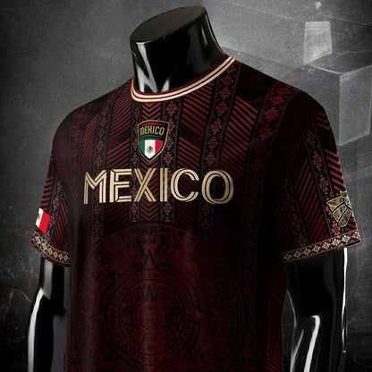 Mexico Burgundy Soccer Jersey with Golden Aztec Calendar and Eagle Crest